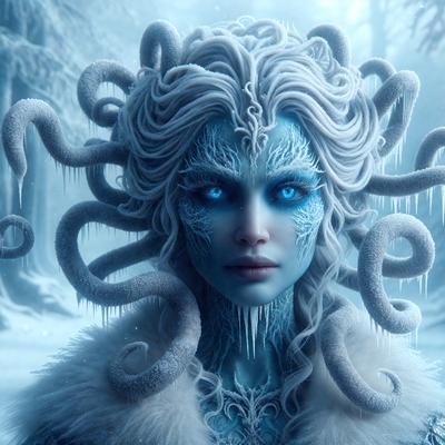 The primary subject of the image is a woman with blue eyes, white hair, and a blue-toned appearance. She is wearing a white coat and has a snake-like design on her head. The setting is a snowy environment, with trees in the background. The visual style is digital art, and the colors and mood convey a sense of coldness and mystery.